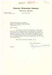 ["The document is a letter from Rayburn L. Foster of Phillips Petroleum Company to Honorable George B. Schwabe, a Member of Congress from Oklahoma, thanking him for updates on the passing of House Concurrent Resolution 50 and Senate Bill 54."]
