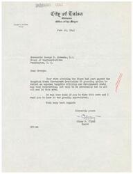 ["The Mayor of Tulsa, Olney F. Flynn, sent a letter to Honorable George B. Schwabe thanking him for informing them that the House had passed a resolution granting the option to deduct tangible drilling and development costs as expenses. Flynn expressed his appreciation for the news on behalf of himself and the oil men in the area."]