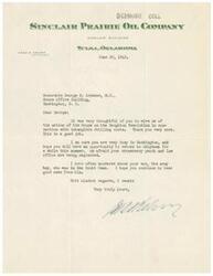 ["The document is from Dana H. Kelsey of Sinclair Prairie Oil Company to Honorable George B. Schwabe thanking him for informing them about the House's action on the Doughton Resolution regarding intangible drilling costs. Kelsey expresses appreciation for Schwabe's efforts and mentions his hope that Schwabe will have time to return to Oklahoma during the summer. Kelsey also inquires about Schwabe's son who is in the army."]