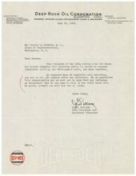 ["The document is a letter from E.W. Pollock of Deep Rock Oil Corporation to George B. Schwabe, a member of the House of Representatives, thanking him for supporting a bill that grants options for deducting drilling and development costs as expenses. Pollock expresses gratitude for Schwabe's support and offers assistance with any other causes in the future."]
