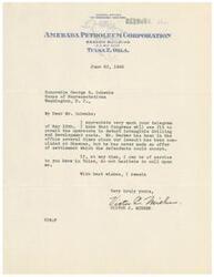 ["The document is dated June 20, 1945, from Victor C. Mieher at the General Offices of Amerada Petroleum Corporation in Tulsa, Oklahoma. Mieher is thanking Honorable George B. Schwabe for his support and hoping that Congress will allow operators to deduct intangible drilling and development costs. Mieher also mentions ongoing negotiations with Mr. Barker and offers his assistance to Schwabe in Tulsa."]