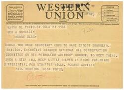 ["The document is about different symbols used in telegrams and cables to indicate their type, such as Day Letter, Night Letter, Deferred Cable, etc. It also mentions the filing and receipt times for telegrams and day letters. The message in the telegram is urging someone to name Ernest Shamblin as the Executive Manager of the National Oil Conservation Committee. The document also mentions that the company welcomes suggestions from its customers regarding its service."]