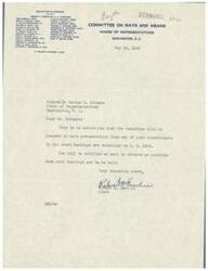 ["The document is a letter from the Committee on Ways and Means informing Representative George B. Schwabe that they will be pleased to have presentations from his constituents regarding a specific bill, H. R. 2403. They will notify him in advance when hearings on the bill are scheduled."]