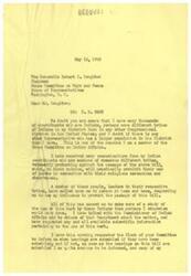 ["George B. Schwabe, a member of the House Committee on Indian Affairs, wrote a letter to Chairman Robert L. Doughton expressing concerns about H.R. 2403, which would restrict the use of peyote in Native American religious ceremonies. Schwabe had received protests from his Indian constituents and requested to be informed of any hearings on the bill so that he and his constituents could testify."]