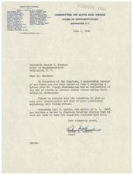 ["The document is a letter acknowledging receipt of a letter regarding the use of peyote by certain Indian tribes during religious ceremonies. The author of the letter states that the Committee on Ways and Means is glad to have received the communication and that the author of a bill related to the topic does not wish for the Committee to consider it."]