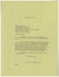 ["Mr. Gone of the Oklahoma City Local 86 National Federation of Post Office Clerks wrote to Honorable  George Schwabe asking for his support on bill H R-2071, a reclassification of post office salaries. Mr. Schwabe responded, stating that he had studied the bill and talked to various representatives and post office employees, and would keep their welfare in mind when considering and voting on the measure."]