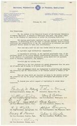 ["The Executive Council of the National Federation of Federal Employees is urging Congress to enact legislation that includes immediate base pay increases, true time and a half for overtime work, night differential compensation, revision of the Federal classification structure, overtime pay for holiday work, and reduction in time required for salary advancement. These measures are seen as essential for the efficiency and effectiveness of the Federal service both in the current war situation and for long-term development. The Council is seeking active support from Congress for these objectives."]