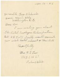 ["Mrs. B.L. Greer is writing to Honorable George B. Schwabe to request his support for the Postal Employees Reclassification Bill, H.R. 2071. She expresses her appreciation for his wholehearted support of the bill."]