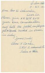 ["The document is a request to Honorable  Geo B. Schwabe to give HR Bill 2071 due consideration in order to help postal employees receive a much-needed increase in salary. It is signed by Chas H Cooke from Tulsa, Oklahoma."]