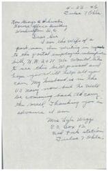 ["Mrs. Lyla Wegs, the wife of a postman, is writing to express her support for the postal employees reclassification bill, 78. R. 2071. She hopes that the bill will be passed and asks for help in achieving this. Her husband is currently serving in the US Navy but will continue to deliver mail."]