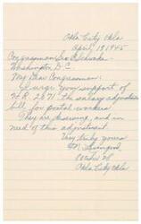 ["The document is addressed to Congressman B. Schwake in Washington D.C. It urges support for bill H.R. 2071, which seeks a salary adjustment for postal workers. The writer believes that the adjustment is necessary and deserved."]