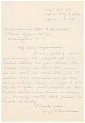 ["The document is from W-Ji Cheatham to Congressman Geo. B. Schwabe, addressing the low pay and disappointing overtime rates for Postal clerks. Cheatham urges the Congressman to support HH. 20711 in order to increase the wages of Postal clerks to be more in line with those paid in private industry."]