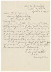 ["The document is from Roy W. Utter, a letter carrier in Tulsa, Oklahoma, expressing concern about being underpaid compared to the cost of living. He requests support for Bill H.R. 2071, which he believes will benefit letter carriers."]