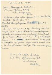 ["The document is requesting support for H.R. 2071, the Postal Employee Reclarification Bill, to provide a salary increase for postal employees due to the high cost of living. The writer urges help in preventing a reduction in their salaries as the previous raise will soon expire."]
