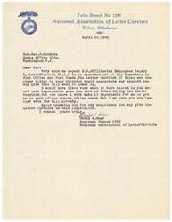 ["The document is a request for support for H.R.2071 (Postal Employees Salary Reclassification Bill) from Honorable  Geo. B. Schwabe. The author expresses regret at not being able to discuss the legislation in person during the Easter vacation and appreciates any assistance that can be provided for the Letter Carriers in Tulsa and other cities. The document is signed by David E. Hays, President of Branch 1358 of the National Association of Letter Carriers."]