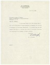 ["The document is written by R. B. Pringle to Honorable George B. Schwabe, a member of the House of Representatives, urging him to support a bill to increase the salaries of Postal Department employees. Pringle believes that these government employees deserve a raise."]