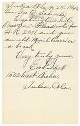 ["A letter dated April 28, 1943, from Callot of Jules, Alabama, requesting help for an old mail carrier named Geo. B. Schwake in relation to H.R. 2071."]