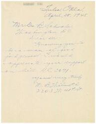 ["The document is a brief message sent to Mr. George Schwabe on April 25, 1945, asking for his support on a certain issue. The sender, M. B. Helmuth, acknowledges Schwabe's good judgment and requests his assistance on HR 2071."]