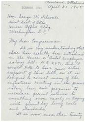 ["Mrs. L. J. Woolley, from Cleveland, Oklahoma, writes to Congressman George W. Schwabe in support of H.R. 2071, a Postal Employee salary bill, which aims to increase salaries to better reflect living costs and standards. She points out the discrepancies in salary between different positions in the postal service and urges the Congressman to support the bill for its enactment into law."]