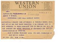 ["The document provides information about different symbols used in Western Union telegrams and cables, as well as the standard time for filing and receiving messages. It also includes a message urging a congressman to support an amendment for increased compensation for postal employees."]