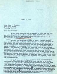 ["Miss Chambers wrote a letter to George Schwabe expressing disappointment in his previous response regarding OPA and the Committee on Un-American Activities. She questions his stance on these issues and requests a clear answer. Schwabe responds by stating that the majority of people in his district are against OPA and that he is against communism and socialism. He does not address the specific concerns raised by Chambers. Chambers writes another letter seeking clarification on Schwabe's actions in keeping prices down and addressing the attacks on the Joint anti-Fascist Committee."]