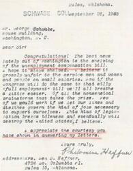 ["The writer congratulates Mr. George Schwabe on the shelving of the unemployment compensation bill in Washington, D.C. They express their belief that the bill is unfair to service members and those on small salaries. They also express hope that the \"full employment\" bill will be shelved as well, as they believe it will breed idleness and ultimately destroy the United States. The writer appreciates Mr. Schwabe's courtesy in responding to their letters."]