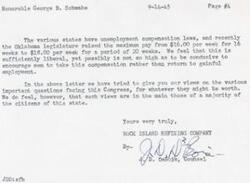 ["The document discusses the recent increase in maximum unemployment compensation in Oklahoma and expresses concern that the amount might not be high enough to encourage individuals to return to work rather than rely on the compensation. The company believes that their views on important issues facing Congress are representative of the majority of citizens in the state."]
