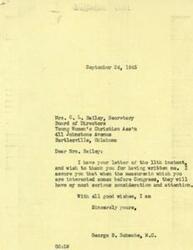 ["The document is from the Board of Directors of the Young Women's Christian Association in Bartlesville, Oklahoma, urging Congressman George B. Schwabe to support the Full Employment Bill without amendments and to protect the powers of the Fair Employment Practices Committee. Congressman Schwabe responds, thanking them for their letter and assuring them that their concerns will have his serious consideration."]