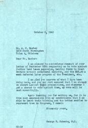 ["A constituent from Tulsa, Oklahoma, named A.W. Easter, wrote a letter to Congressman George C. Schwabe expressing his views on certain legislation, including opposing further lend-lease expansion, lending funds to Great Britain without collateral, and increasing the unemployment insurance fund. Schwabe responded thanking Easter for his input and assured him that he is already against these propositions and will vote accordingly. Schwabe values hearing from his constituents to better represent them in Congress."]