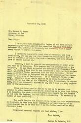 ["The document is a letter from Congressman George B. Schwabe to attorney Ernest R. Brown, discussing their opposition to certain bills pending in Congress regarding labor deferment and compensation for defense workers. Brown expresses his objections to the bills, citing concerns about wasteful spending and favoritism towards defense workers. He urges Schwabe to work towards defeating the legislation and suggests that any government funds should be given to veterans instead. Brown also questions why certain classes of workers are being singled out for special treatment. Schwabe acknowledges Brown's concerns and assures him of his opposition to the bills."]