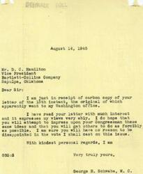 ["The document from D.C. Hamilton to George Schwabe expresses concerns about a proposal to grant 26 weeks of compensation to employees after the war, arguing that it will delay reconversion and encourage people to take extended vacations instead of returning to work. Hamilton suggests that the money should be given to returning GI's instead and warns that the proposal will lead to inflation and unemployment. Schwabe responds, expressing agreement with Hamilton's views and assuring him of his support on the issue."]
