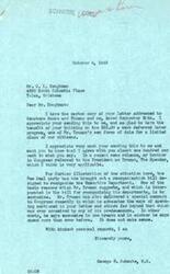 ["George B. Schwabe responds to a letter from C.L. Doughman regarding the $25 per week deferred labor program for unemployed defense workers and federal employees. Schwabe agrees with Doughman's concerns about government spending and lack of sense in President Truman's policies. Doughman's letter expresses opposition to the program, calls for reduction of government employees, discusses the impact of taxes on workers, and advocates for veterans to have priority in buying surplus war materials. Doughman also questions the repayment of lend-lease money and expresses concerns about government spending and foreign aid."]