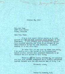 ["Mrs. Ann Nees wrote to George B. Schwabe, a member of Congress, urging him to vote against the $25 per week deferred labor program proposed by the President, which she believed was an attempt by the Administration to buy the next election. Schwabe responded by sending her copies of the Congressional Record showing letters from prominent Democrats in his District who were also opposed to the program. Schwabe thanked Nees for her letter and assured her that he would continue to work against any threats to the American way of life."]
