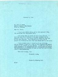 ["Mr. Phil B. Drane wrote to George B. Schwabe asking him to vote against Senate bill #380, the Full Employment Bill. Schwabe replied that he had received many similar letters and had already gone on record opposing the bill, believing it to be a vague attempt at totalitarianism."]