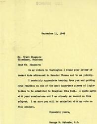 ["The document is from Mr. Dinsmore expressing his opposition to paying defense workers after the war is over, questioning why they should be paid if they have not saved their wages. He requests that Senator Thomas and Representative Schwab use their influence to defeat any bill that would provide continued payment to defense workers after the plants are closed. He suggests that the money should be spent on soldiers instead. Schwab responds, assuring Dinsmore that he agrees with his views and will vote accordingly on the legislation."]