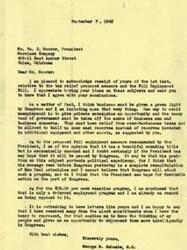 ["The document is a letter from Wm. D. Moorer to Representative George B. Schwabe regarding tax relief and full employment measures. Moorer agrees with Schwabe's conclusions on giving business a green light by Congress and providing relief from over-burdensome taxes. He is skeptical about the effectiveness of the proposed full employment measure and opposes the $25 per week vacation program. Moorer urges Schwabe to consider these issues and ensure that unemployed individuals are willing to work before receiving unemployment relief. Schwabe appreciates Moorer's letter and values input from constituents to represent them more intelligently in Congress."]