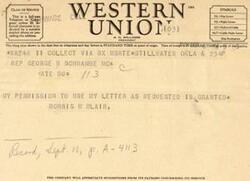 ["The document consists of a telegram exchange between George B. Schwabe and Morris M. Blair regarding the use of Blair's letter in the Congressional Record. It also includes a letter from Blair urging Schwabe to oppose the \"Full-Employment Bill\" due to concerns about deficit spending and government intervention in employment. Schwabe's secretary acknowledges receipt of Blair's letter and expresses confidence in Schwabe's alignment with Blair's views."]