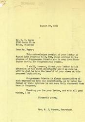 ["The document acknowledges the receipt of a letter from Mr. Meyer regarding proposed legislation S. 380. Congressman Schwabe is away from Washington but the letter will be directed to him. The Congressman appreciates hearing from constituents in order to better represent them in Congress. The secretary thanks Mr. Meyer for his letter and sends good wishes."]