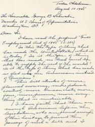 ["The document is written to a United States House of Representative member expressing opposition to the proposed \"Full Employment Act of 1945\" due to concerns about increased federal control and planned economy. The author advocates for promoting the American system and free enterprise. They believe in the power of self-governing individuals and urge the representative to work against the passage of the bill."]