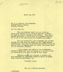 ["The document consists of two letters discussing a proposed gratuity of $25 per week for certain classes of war workers. The first letter acknowledges receipt of the proposal and states that Congressman Schwabe has actively opposed it. The second letter expresses concerns about the proposal, including potential delays in reconversion, encouragement of people to take a vacation instead of returning to work, and the impact on inflation and unemployment. The document suggests that money should be given to returning GI's instead."]