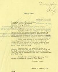 ["The document consists of two letters, one from George B. Schwabe, M.C. to Mr. J. L. Yerger opposing the President's suggestion to pay defense workers $25 a week, and suggesting to take up the matter with New Deal Congressman. The second letter is from George B. Schwabe, M.C. to Mr. O. V. Mullendore expressing appreciation for support against New Deal agencies and criticizing colleagues for yielding to European theories."]