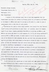 ["The writer, Braman, is expressing his opposition to increasing unemployment insurance for workers in Defense plants, citing their high wages and benefits as reasons for not burdening the rest of the nation with additional taxes. He also opposes Universal Military Training, viewing it as a step towards militarism. Braman urges Congressman George Schwabe to use his influence to defeat these measures."]