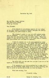 ["The document from Mr. and Mrs. Joseph Havlicek to United States Representative George B. Schwabe expresses their disappointment in his opposition to a bill providing unemployment benefits. They criticize Congress for giving themselves a raise while denying assistance to the unemployed. They cite a speech by Thomas E. Dewey advocating for government-provided work in times of need. The Havlicek's urge Schwabe to reconsider his stance on the bill and consider the struggles of jobless individuals. Schwabe responds by clarifying his position and explaining his reasons for opposing the bill."]