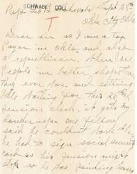 ["The document is a letter written by someone named Tom to Representative  Schwabe, expressing support for helping poor people in Oklahoma and opposing a bill related to social security and pensions. Tom mentions a fellow who couldn't work without signing a social security card and encourages Representative  Schwabe to take action on the matter. He also mentions strikers and expresses hope for their cause."]