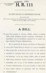 ["Several bills were introduced in the 79th Congress, 1st Session, in January 1945 relating to benefits for veterans. The bills include granting free postage to veterans receiving hospital treatment, providing adjusted-service pay for those who served in the armed forces during the war, establishing procedures for determining service connection of diseases or injuries, increasing burial allowances for deceased war veterans, and eliminating income limitations for pensions for widows of World War veterans. Each bill was referred to different committees for further consideration."]