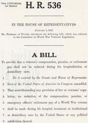 ["The document introduces two bills, H.R. 536 and H.R. 573, both related to World War veterans' benefits. H.R. 536 aims to prevent the reduction of a veteran's compensation, pension, or retirement pay during hospitalization or domiciliary care. H.R. 573 proposes to make temporary disability ratings of World War veterans permanent after ten years, with the possibility of increasing the rating under certain circumstances. Both bills were referred to the Committee on World War Veterans' Legislation."]
