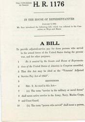 ["The document is a bill introduced in the House of Representatives in 1945 by Mr. Izaac. The bill, titled the \"Veterans' Adjusted Service Pay Act of 1945,\" aims to provide adjusted-service pay for individuals who served in the armed forces during the present war. The bill defines terms such as \"service in the military or naval forces\" and \"person who served.\""]