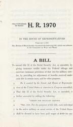 ["The bill introduced by Mrs. Rogers of Massachusetts in the 79th Congress aims to amend the Social Security Act to provide insurance credits for military service, adjust benefits received under the act in certain cases, and make other related changes. The bill proposes that individuals in the active military or naval service of the United States be deemed to have been paid wages of $160 for employment purposes under the act."]