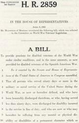 ["The document is a bill introduced in the House of Representatives by Mr. Mansfield of Montana on April 9, 1945. The bill aims to provide pensions for disabled veterans of the World War under conditions similar to those provided for disabled veterans of the Spanish-American War. It outlines the eligibility criteria for veterans to receive pensions based on their service and discharge status."]