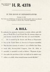 ["This bill, introduced by Mr. Schwabe of Oklahoma in the 79th Congress, 1st Session, aims to authorize the payment of pensions to certain widows and children of World War I and II veterans whose annual income falls between $1,000 and $2,500. It seeks to amend a previous law to adjust the income limit for pension eligibility."]